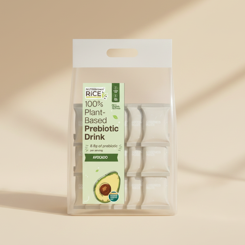 A clear plastic bag of NutriNaturel Rice 100% Plant-Based Prebiotic Drink in Avocado flavor, containing six individual packets arranged in a grid. The packaging features a white header with a handle and a light green label with an avocado illustration.