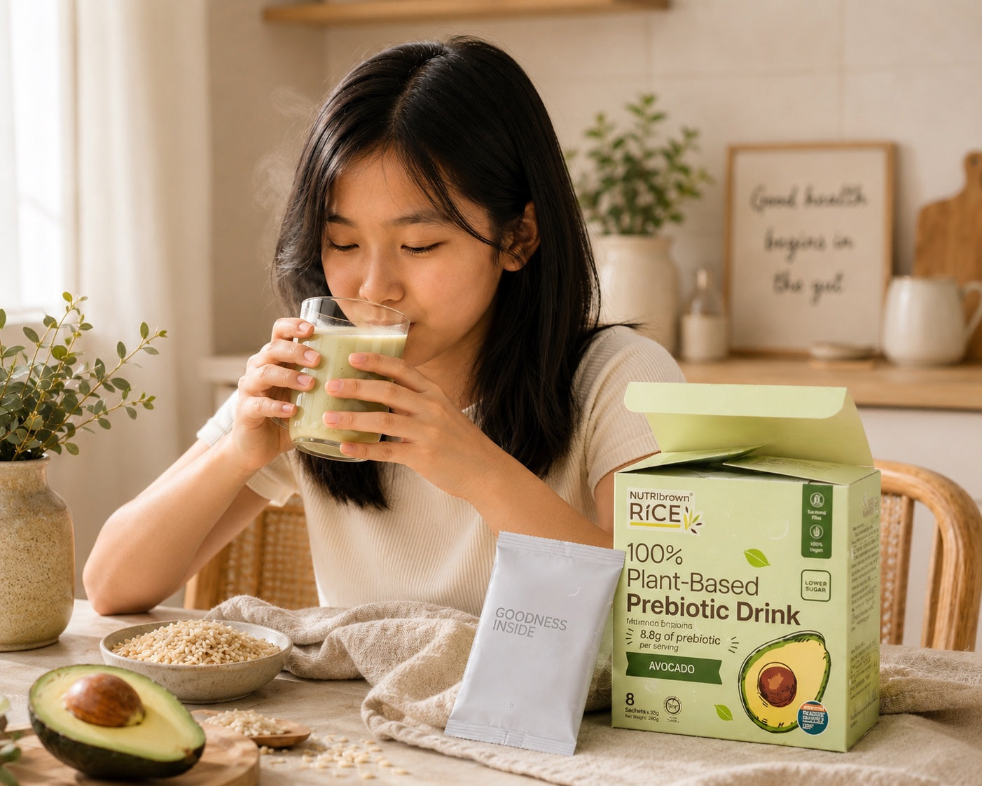 A young woman drinking NutriBrownRice® Avocado at breakfast, with the Avocado box on the table