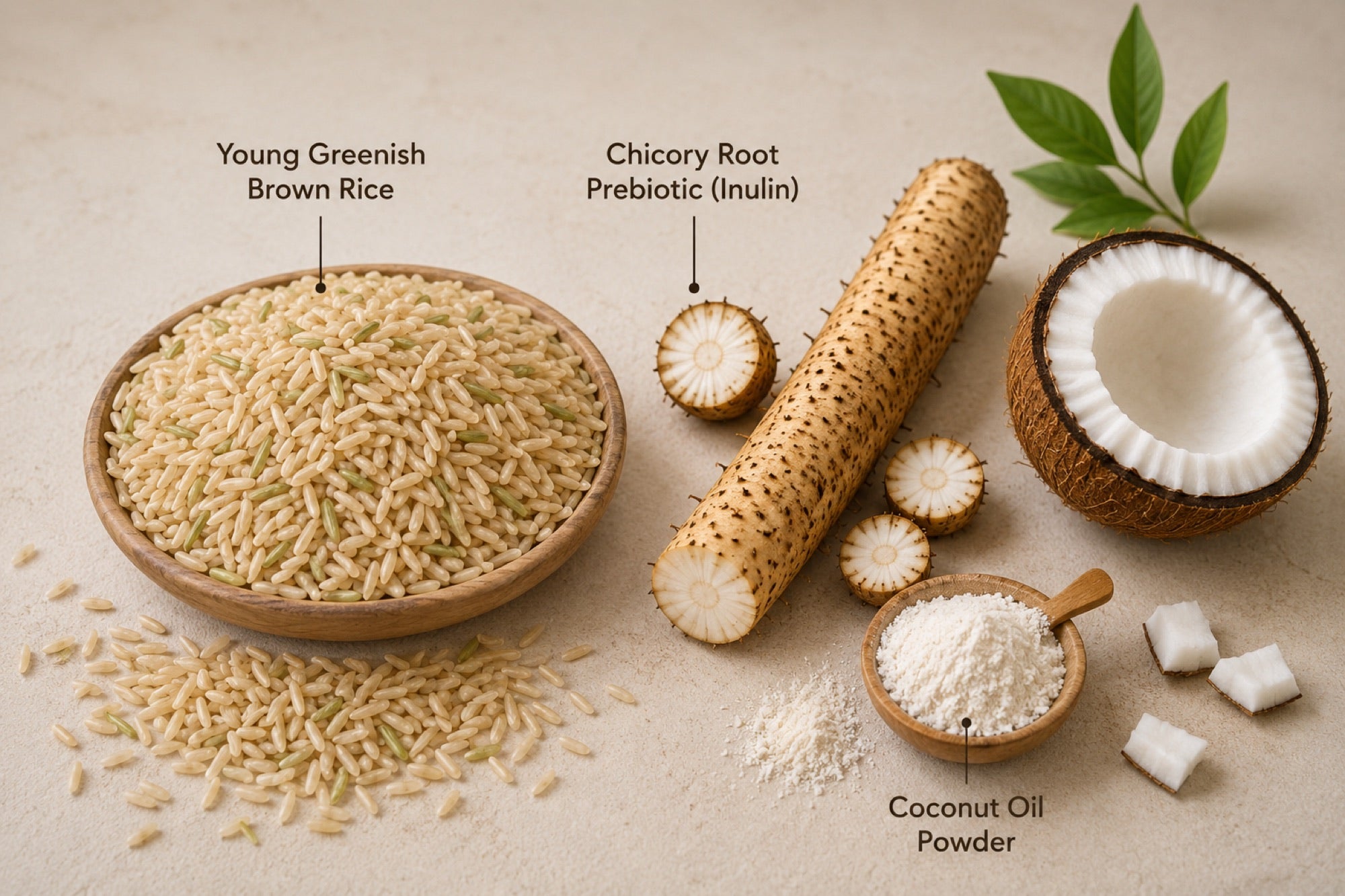 Brown rice, chicory root and coconut, the core NutriBrownRice ingredients