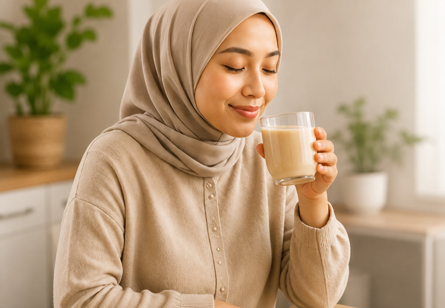NutriBrownRice model smelling and drinking a warm glass at home