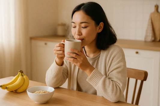Split image of a woman holding her stomach in discomfort beside a woman calmly holding a warm mug