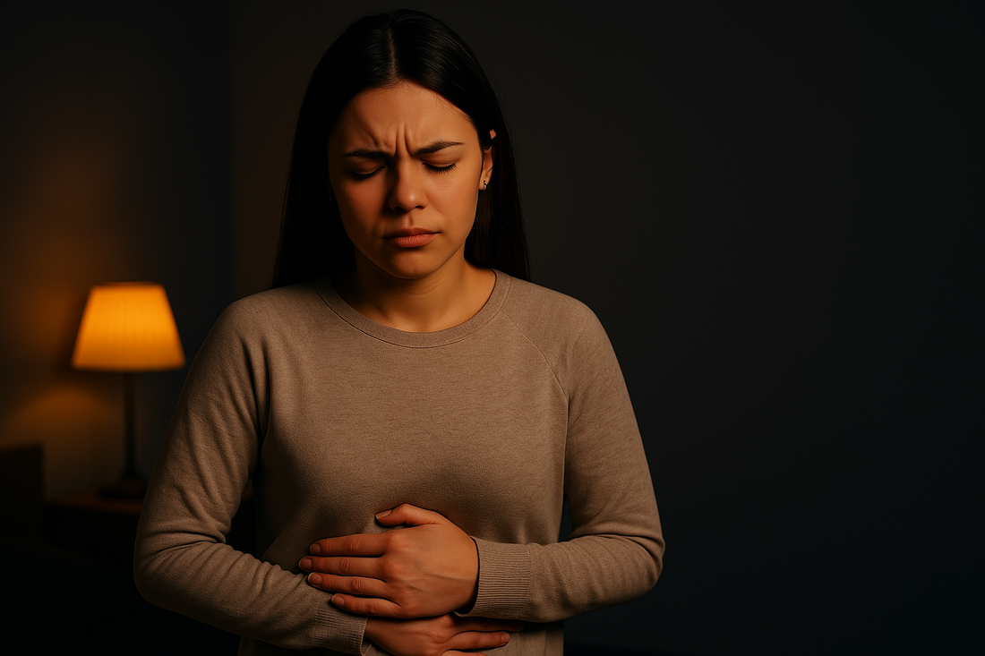 Woman holding her stomach in discomfort in a dim bedroom