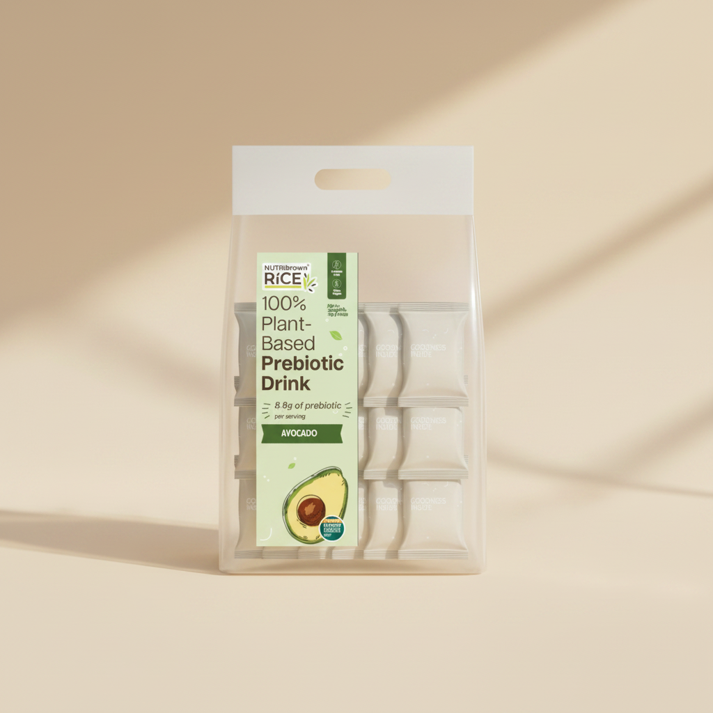 A clear plastic bag of NutriNaturel Rice 100% Plant-Based Prebiotic Drink in Avocado flavor, containing six individual packets arranged in a grid. The packaging features a white header with a handle and a light green label with an avocado illustration.