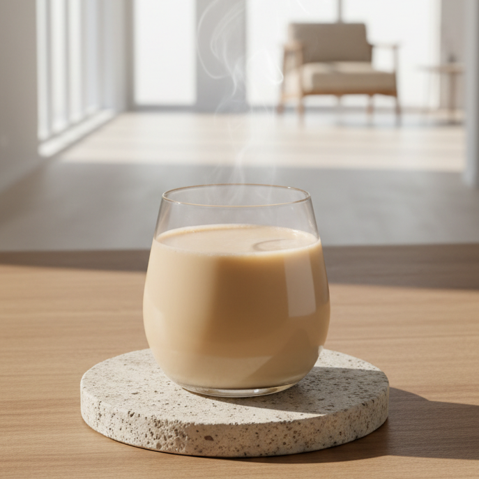 A clear stemless wine glass filled with a creamy beige beverage, shown on a neutral tabletop with a softly blurred background and a hint of steam rising at the top.