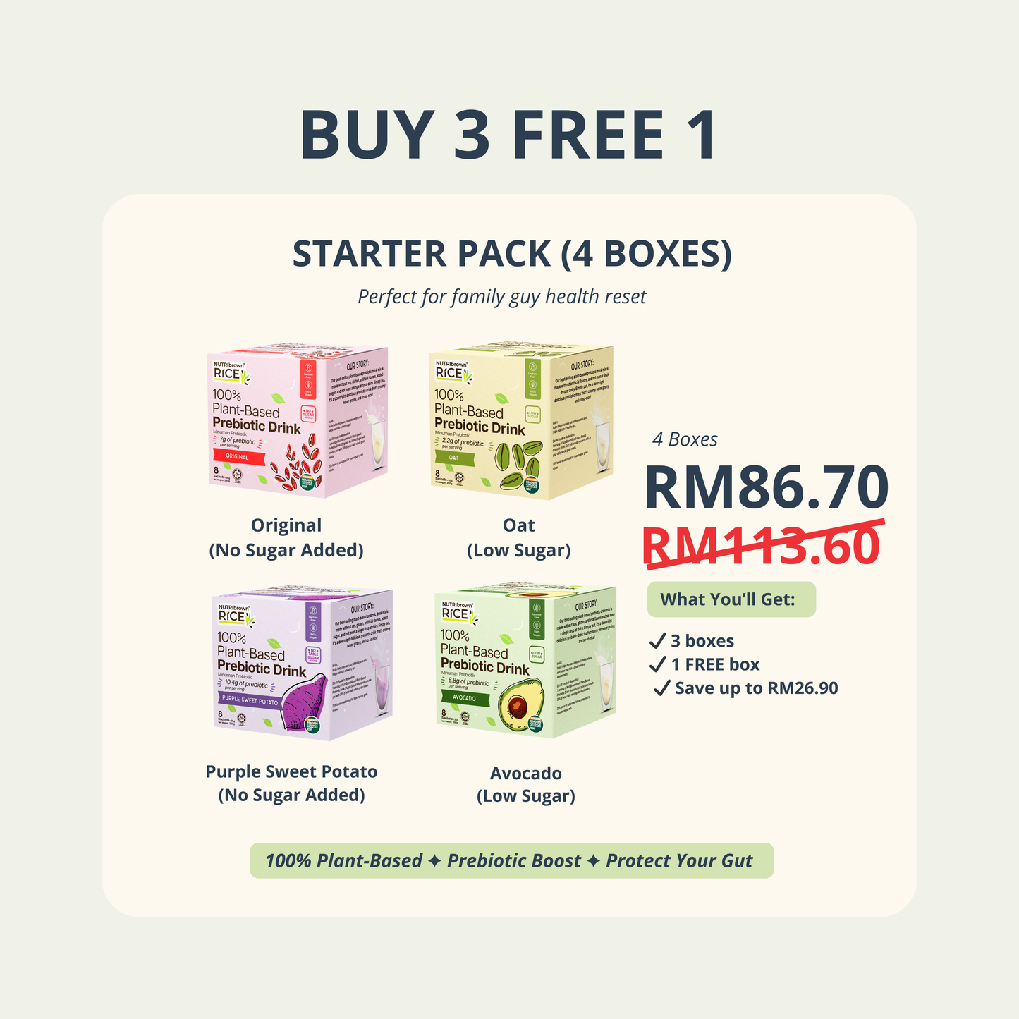 Nutribrownrice® Prebiotic Drink Buy 3 Free 1 | Plant-Based, Low Sugar & Sugar-Free