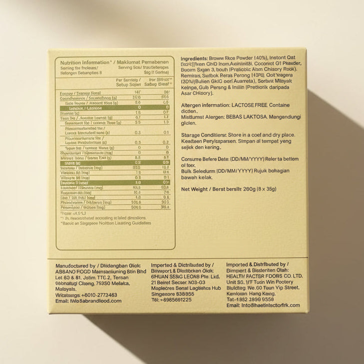 A close-up of the back of a packaged food product showing a large nutrition facts label in beige and white, with smaller ingredient and manufacturer details below. A hand is visible holding the package at the bottom right.