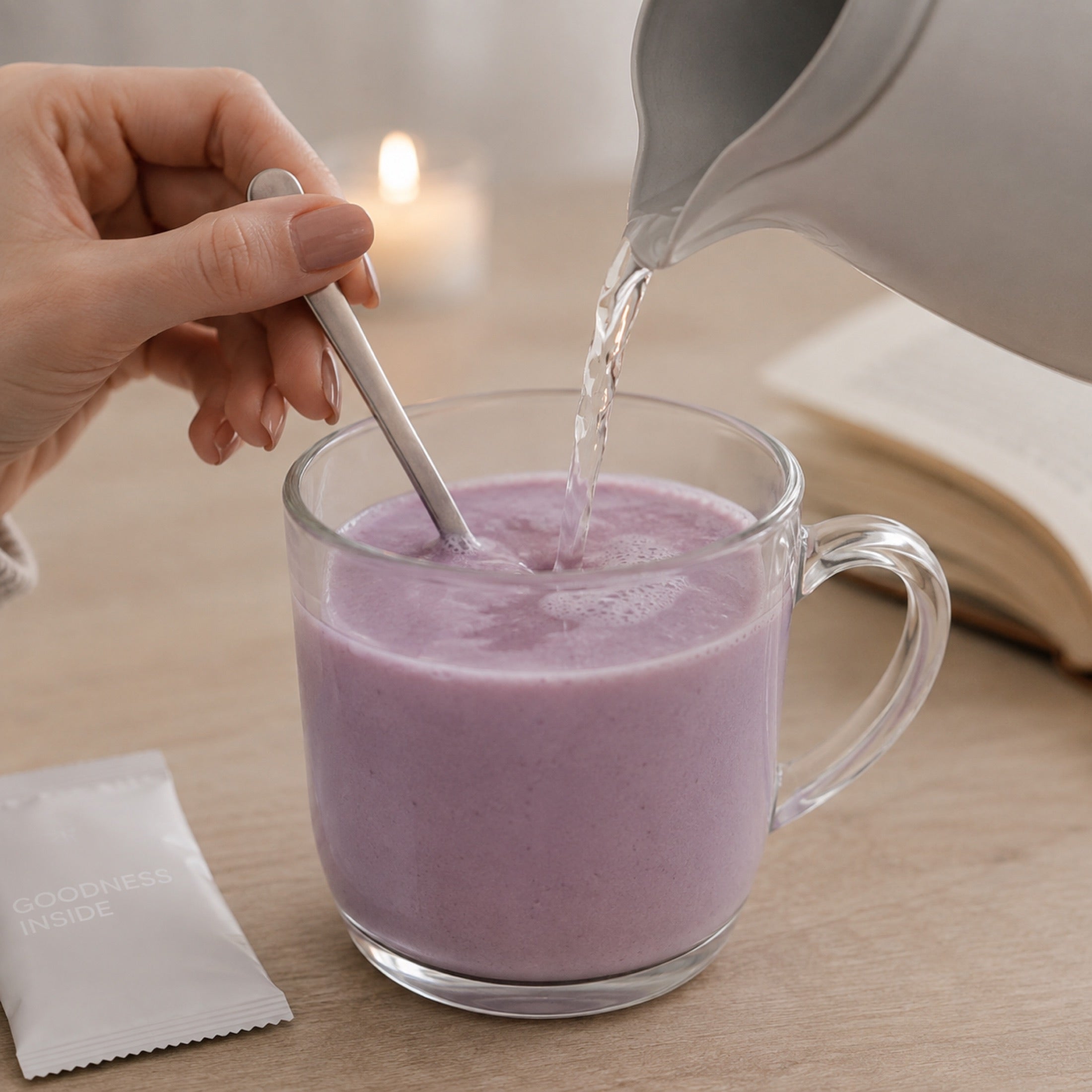 A warm NutriBrownRice® drink, freshly stirred