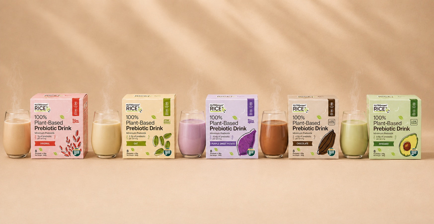 All five NutriBrownRice flavors in a row with steam rising
