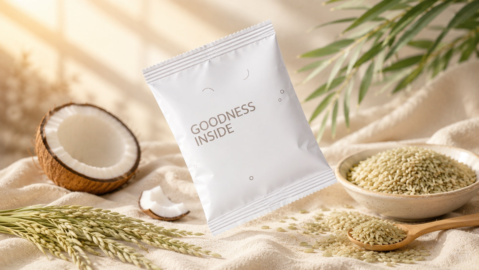 NutriBrownRice sachet floating with brown rice, coconut, and rice sprigs